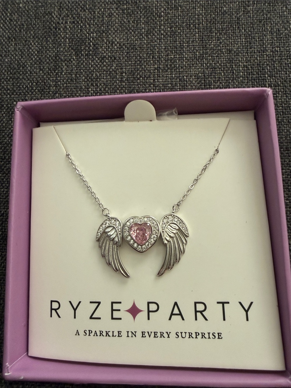 Ryze party .925 sterling Silver Winged Heart Necklace with Pink Stone